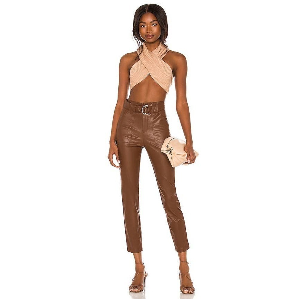 Superdown Flat Front Chanice Buckle Leather Pants Chocolate Brown Size S NWOT